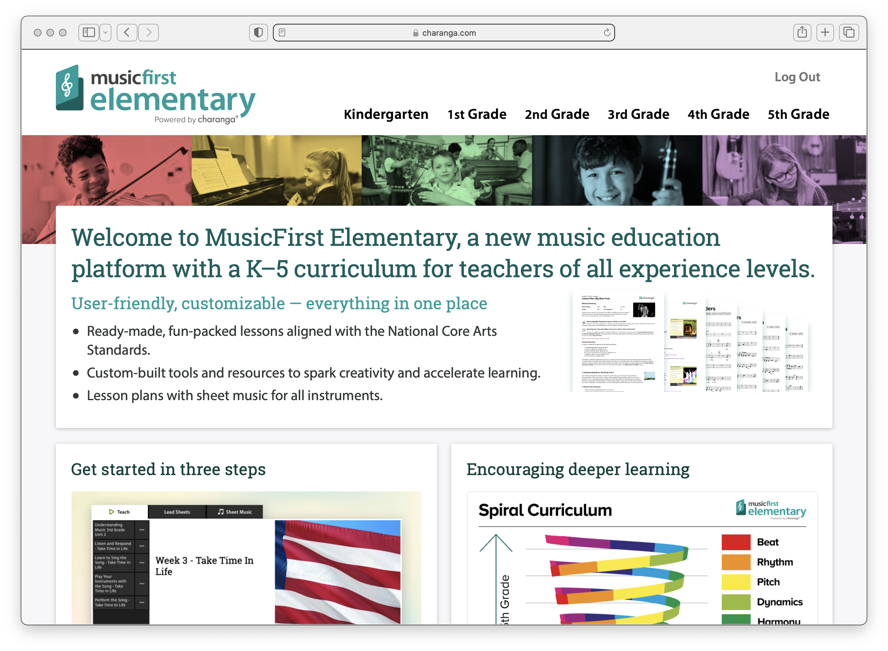 Screenshot of the Music First Elementary homepage