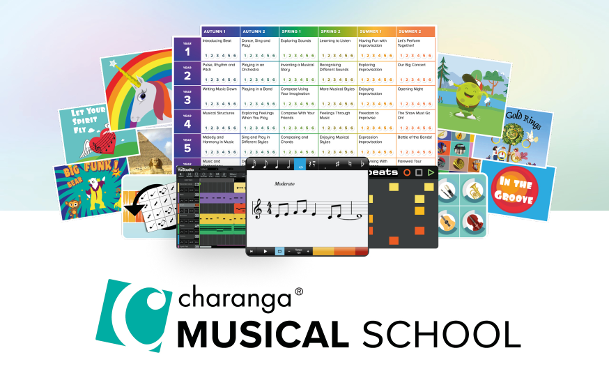 Charanga Musical School logo and a collage highlighting some of the resources, creative tools and schemes included