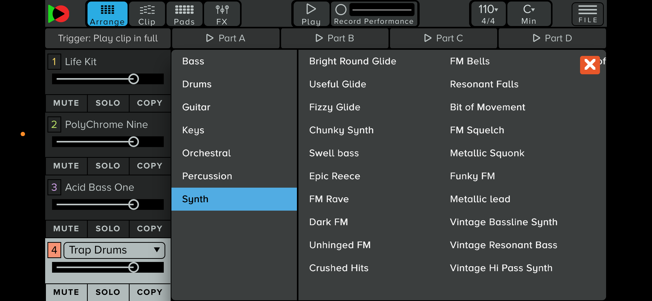 A menu of the available instruments including Drum Kits, Basses, Synths, Orchestral and Acoustic sounds and more.