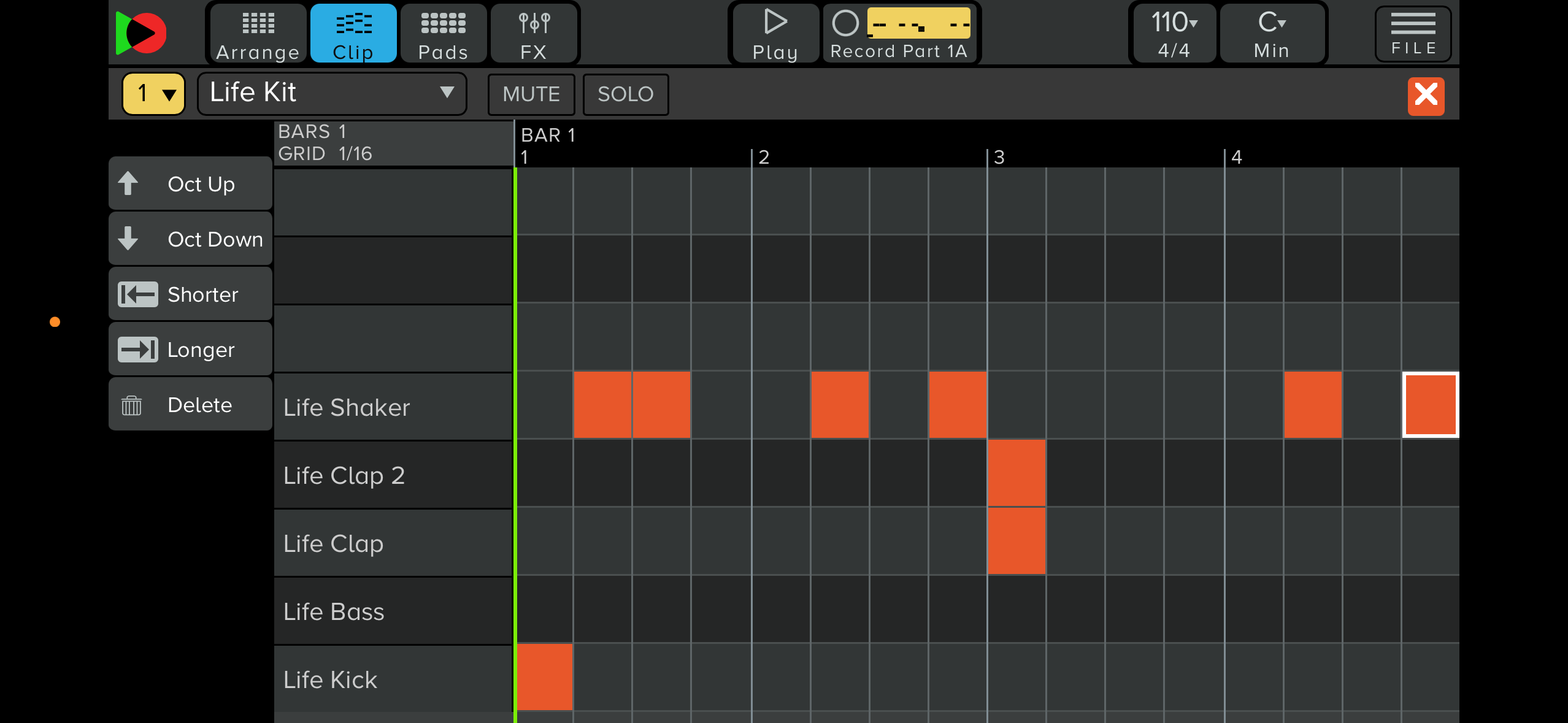 A one bar drum clip containing a simple rhythmic part