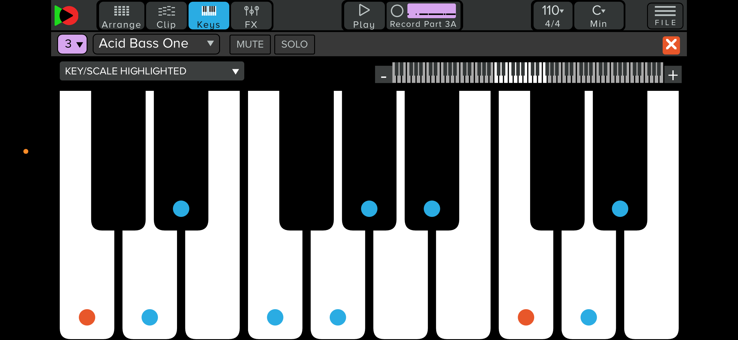 The onscreen keyboard with the notes from the current key highlighted. The tonic is highlighted in red.