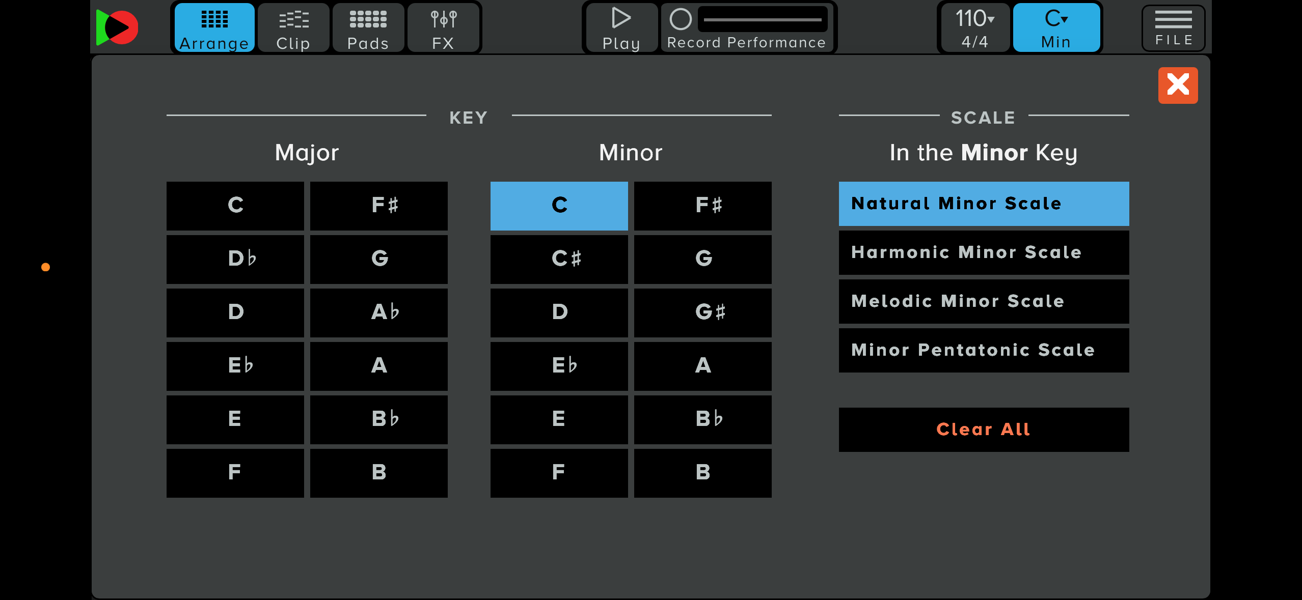 The key selection menu where you can select the root note and choose from six scale types.