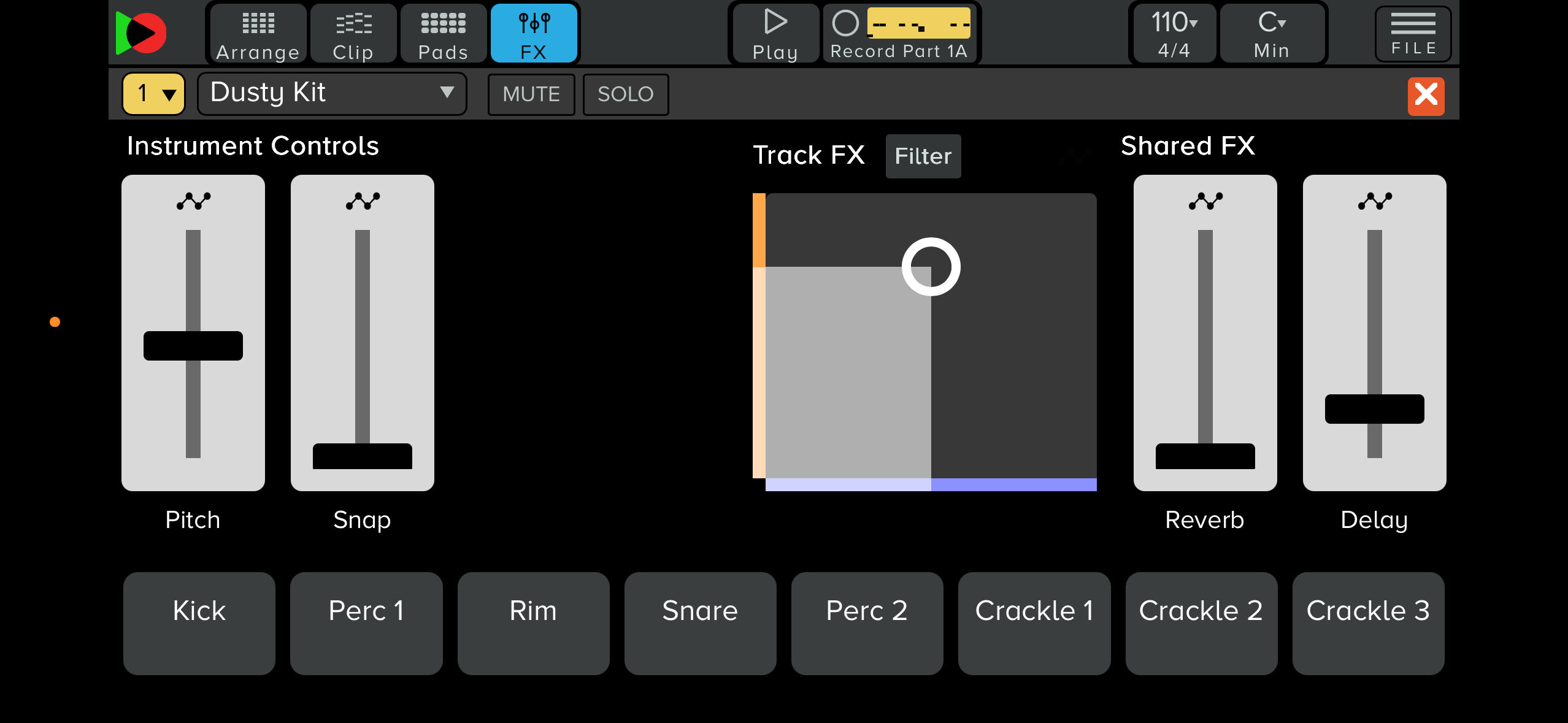 The FX page offers two sliders to control instrument parameters, an x/y effects controller, and two sliders for the included send effects: reverb and delay. 