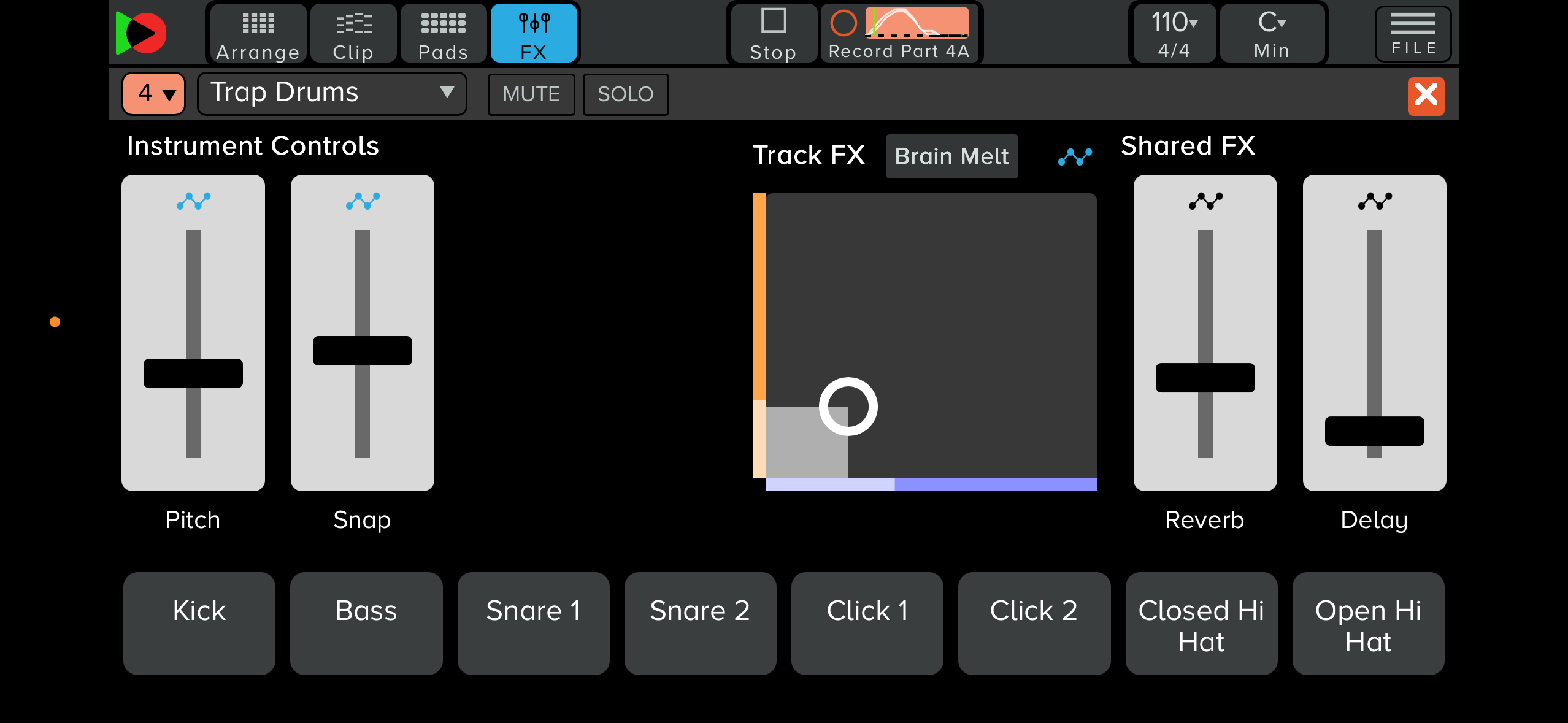 Clip record is enabled and so any adjustment to instrument controls or effect parameters are recorded into the current clip.
