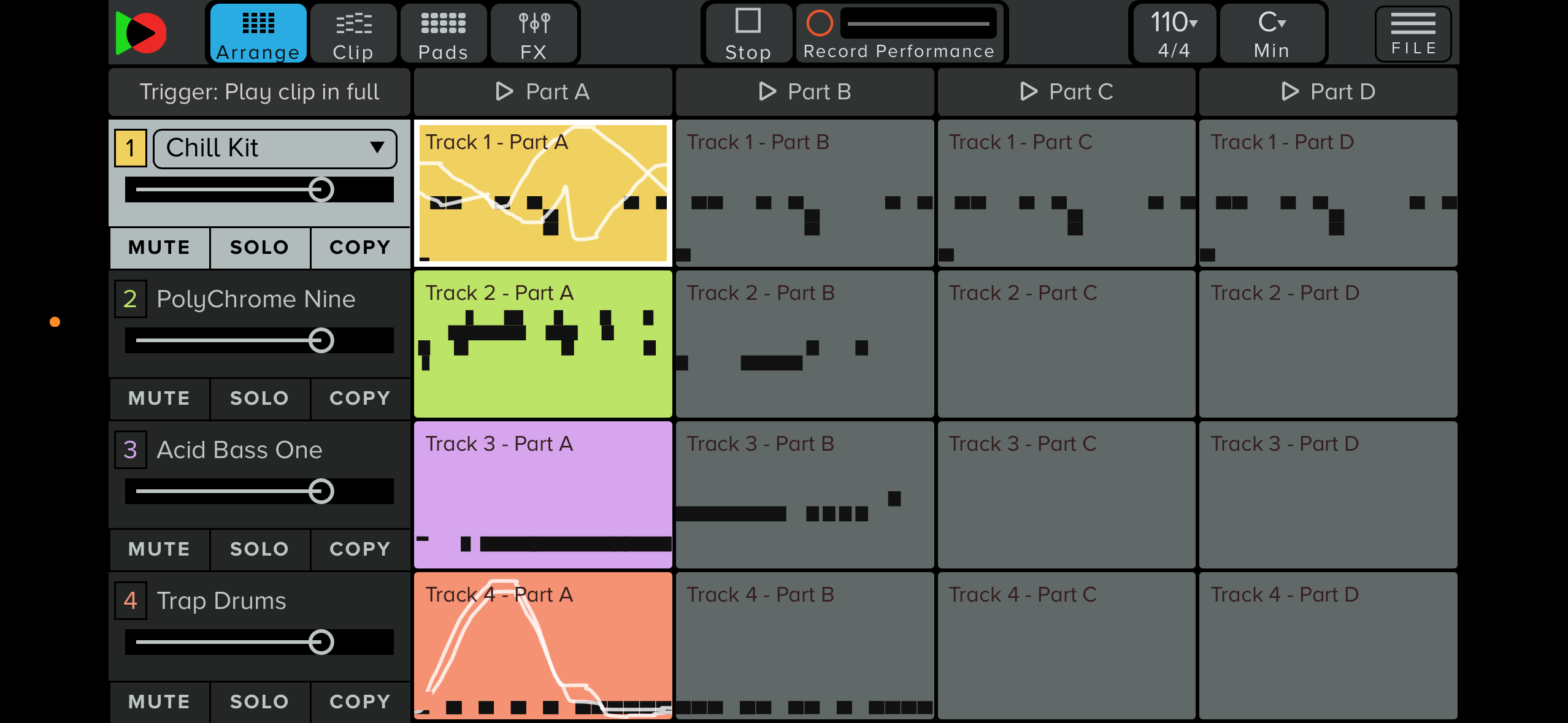 The performance recorder is enabled in the Arrange window. This records a live arrangement and performance of the clips and parameters.